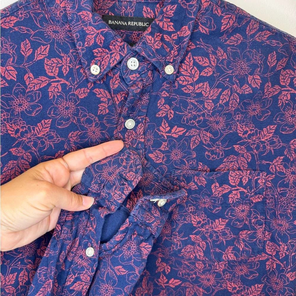 Men's Cotton Button-Down Shirt in Navy with Pink Floral Print By Banana Republic